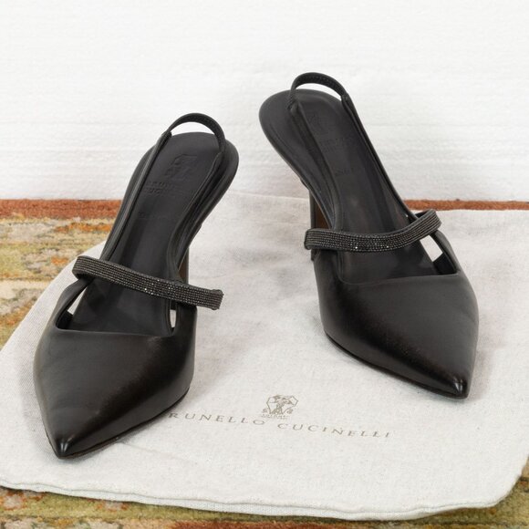 $1495 BRUNELLO CUCINELLI BLACK LEATHER SLINGBACK PUMPS WITH MONILI 37 - Picture 1 of 6